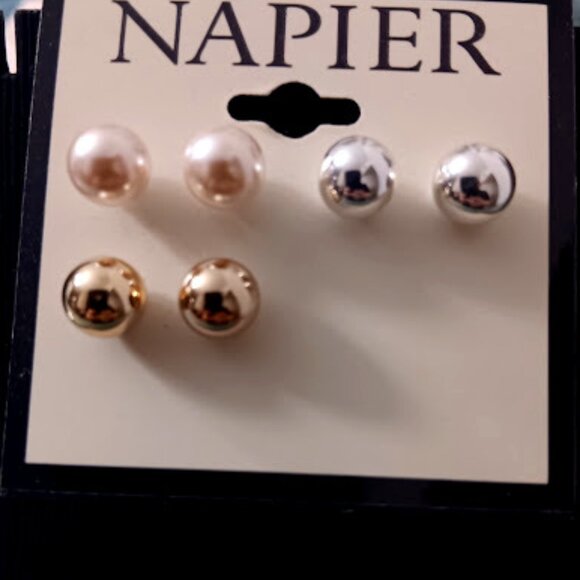 NAPIER 3pc SET Contemporary Blush Pearl + Gold & Silver Ball Stud Earrings**NEW! - Picture 1 of 3